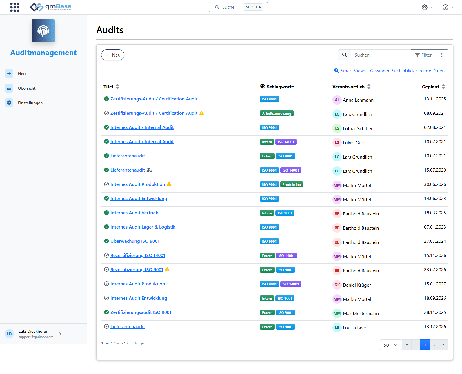 Auditübersicht in qmBase mit geplanten Audits, Verantwortlichen und Auditdetails