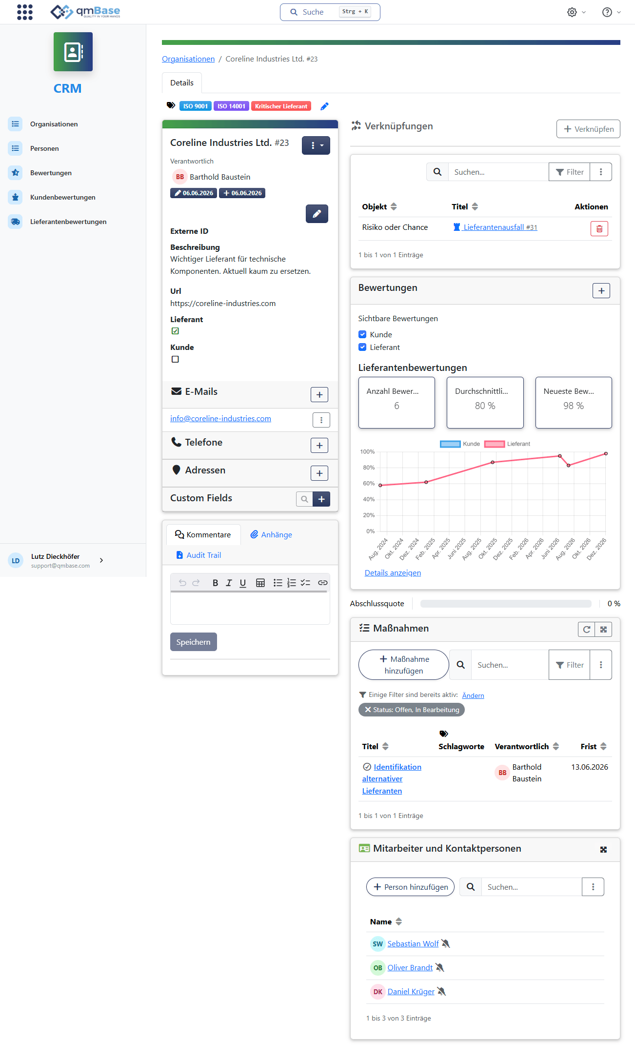 CRM-Detailansicht in qmBase mit Lieferanteninformationen, Verknüpfungen, Bewertungen, Maßnahmen und Kontaktpersonen