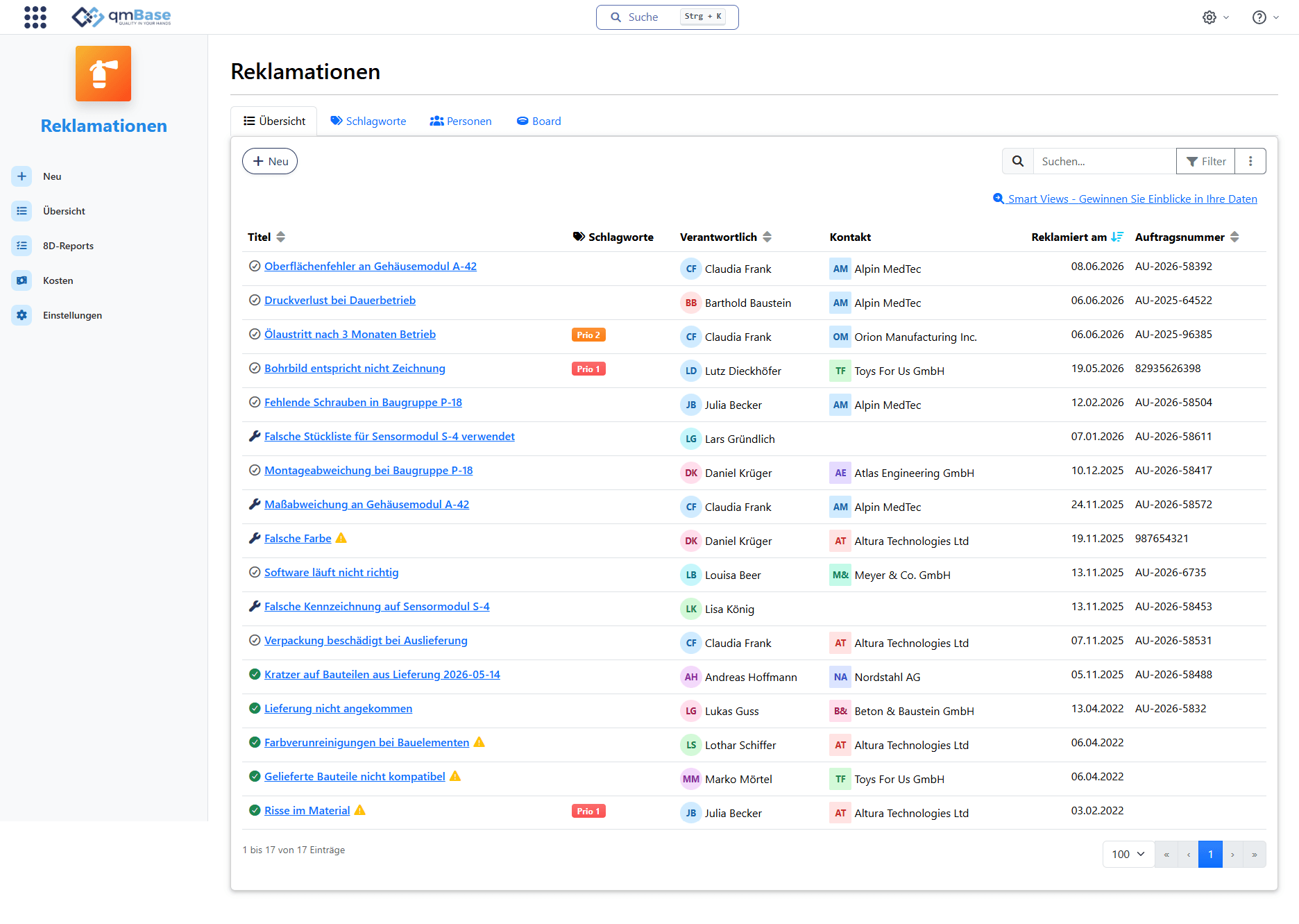 Reklamationsübersicht in qmBase mit Reklamationstyp, Produkt, Status und Detailinformationen