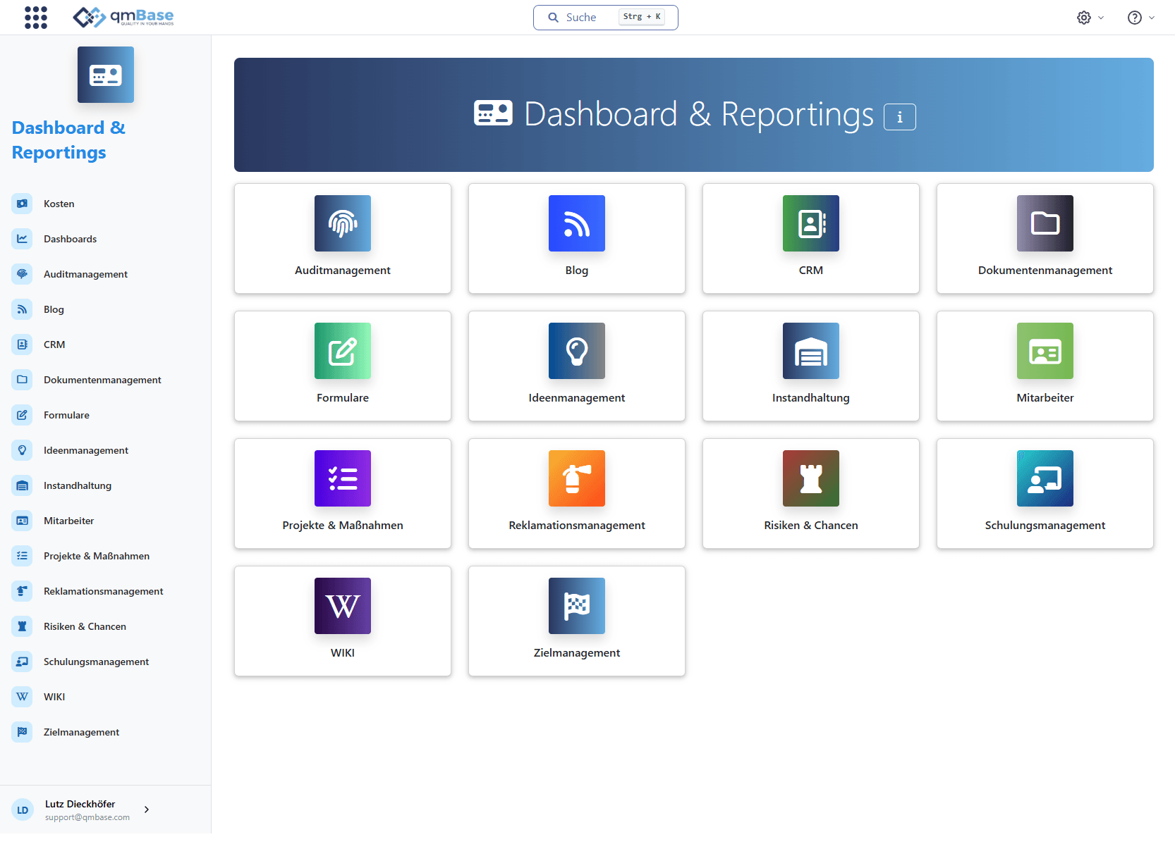 Dashboard & Reportings in qmBase mit Übersicht über verfügbare Auswertungsbereiche wie Auditmanagement, CRM, Dokumentenmanagement, Formulare, Maßnahmen, Reklamationen, Risiken und Schulungen