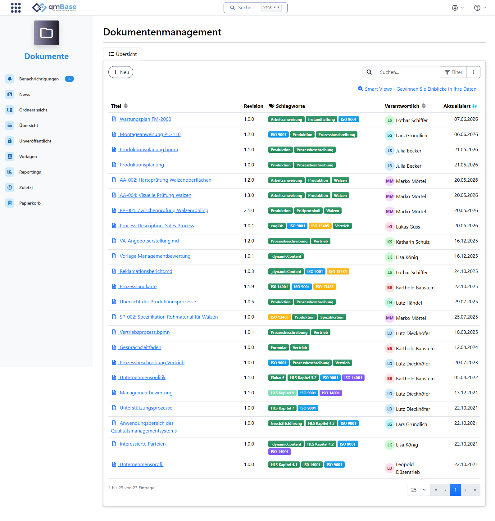 Screenshot des Dokumentenmanagements in qmBase mit Dokumentenliste und Detailansicht