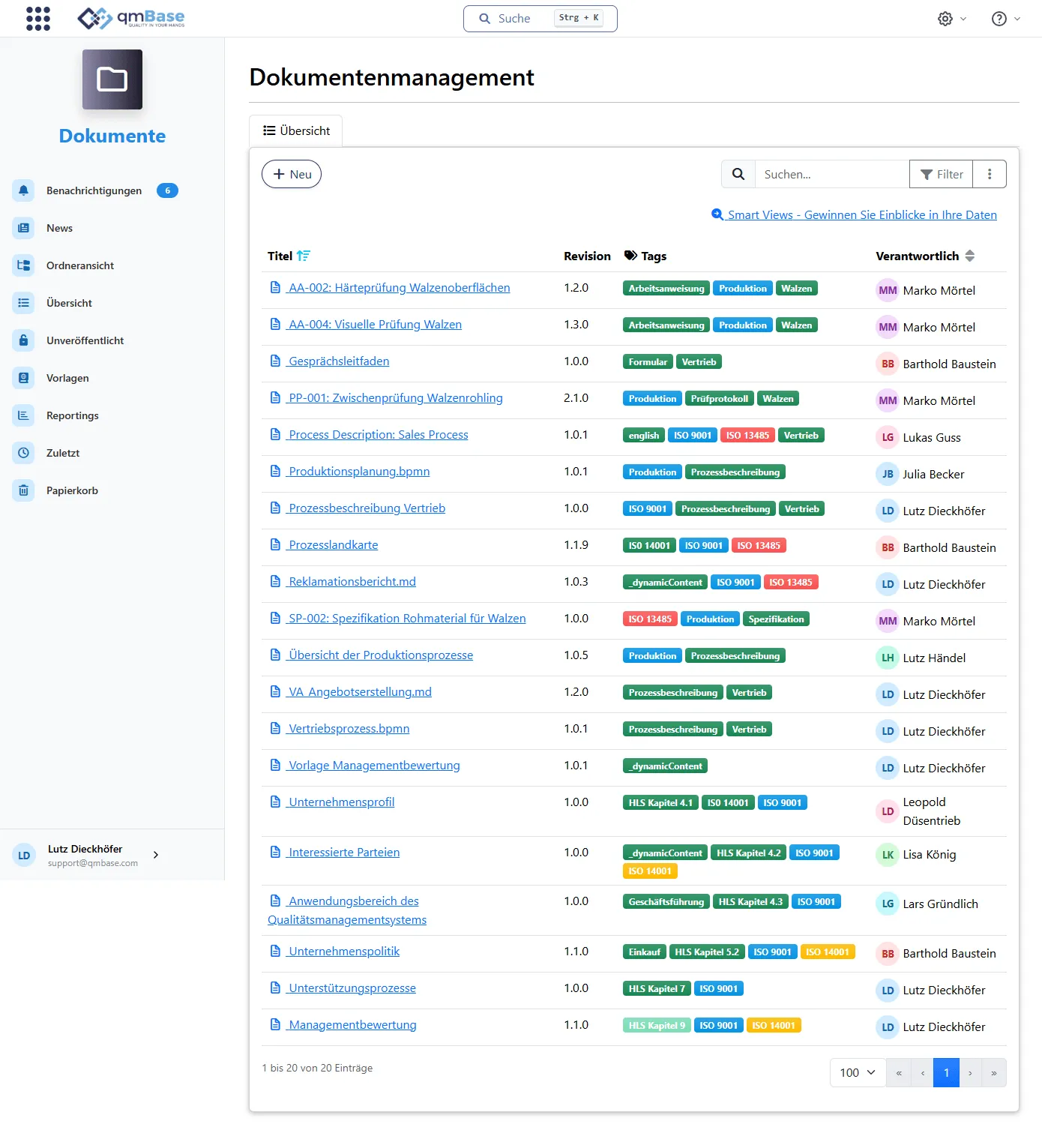 Dokumentenübersicht in qmBase mit Suche, Filter, Tags, Verantwortlichen und Revisionen