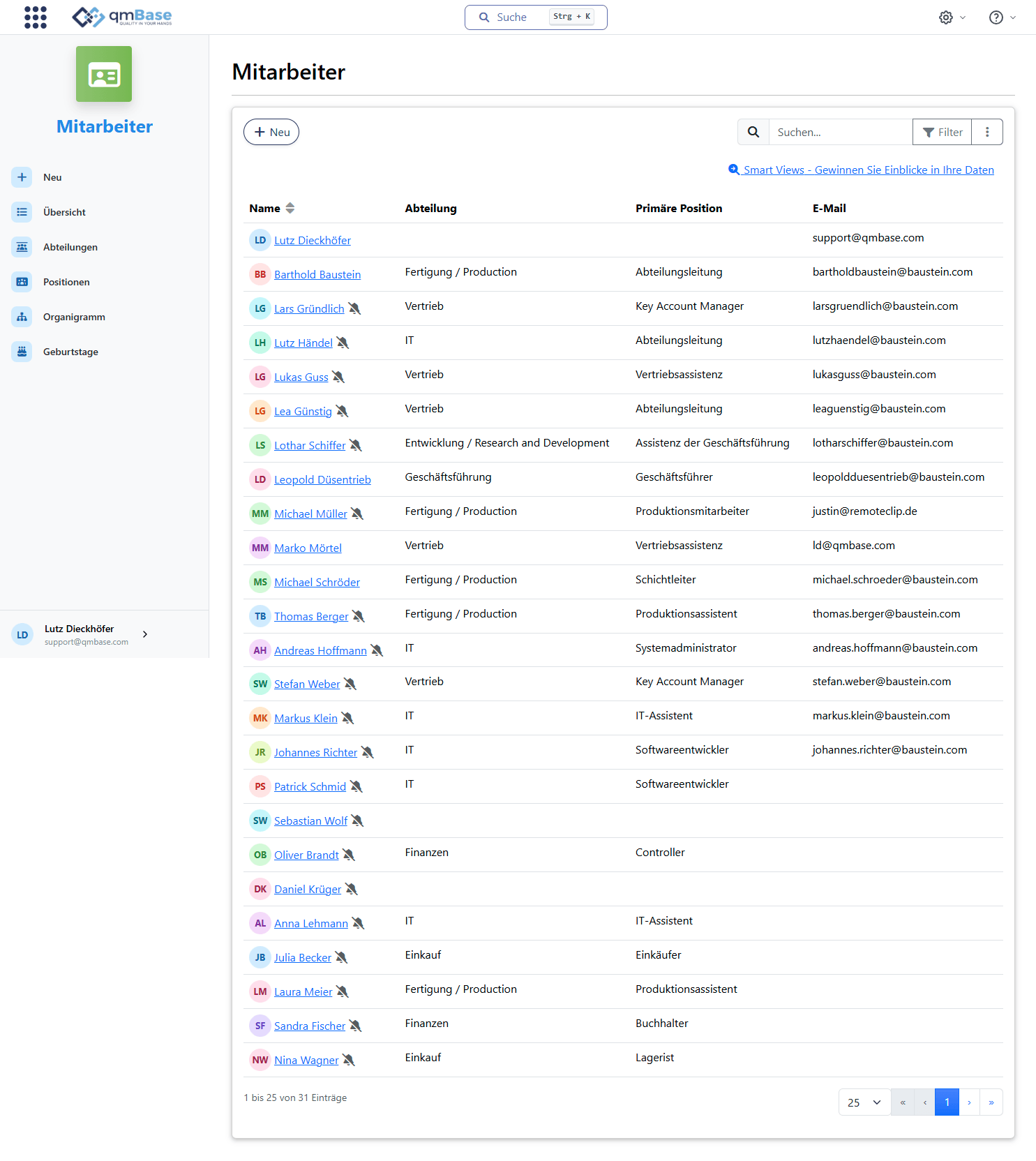 Mitarbeiterübersicht in qmBase mit Namen, Abteilungen, Positionen und E-Mail-Adressen