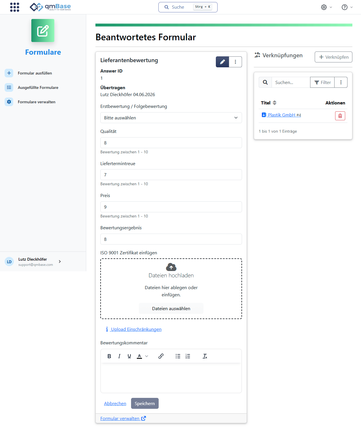 Formular in qmBase mit strukturierten Eingabefeldern und ausgefüllten Informationen