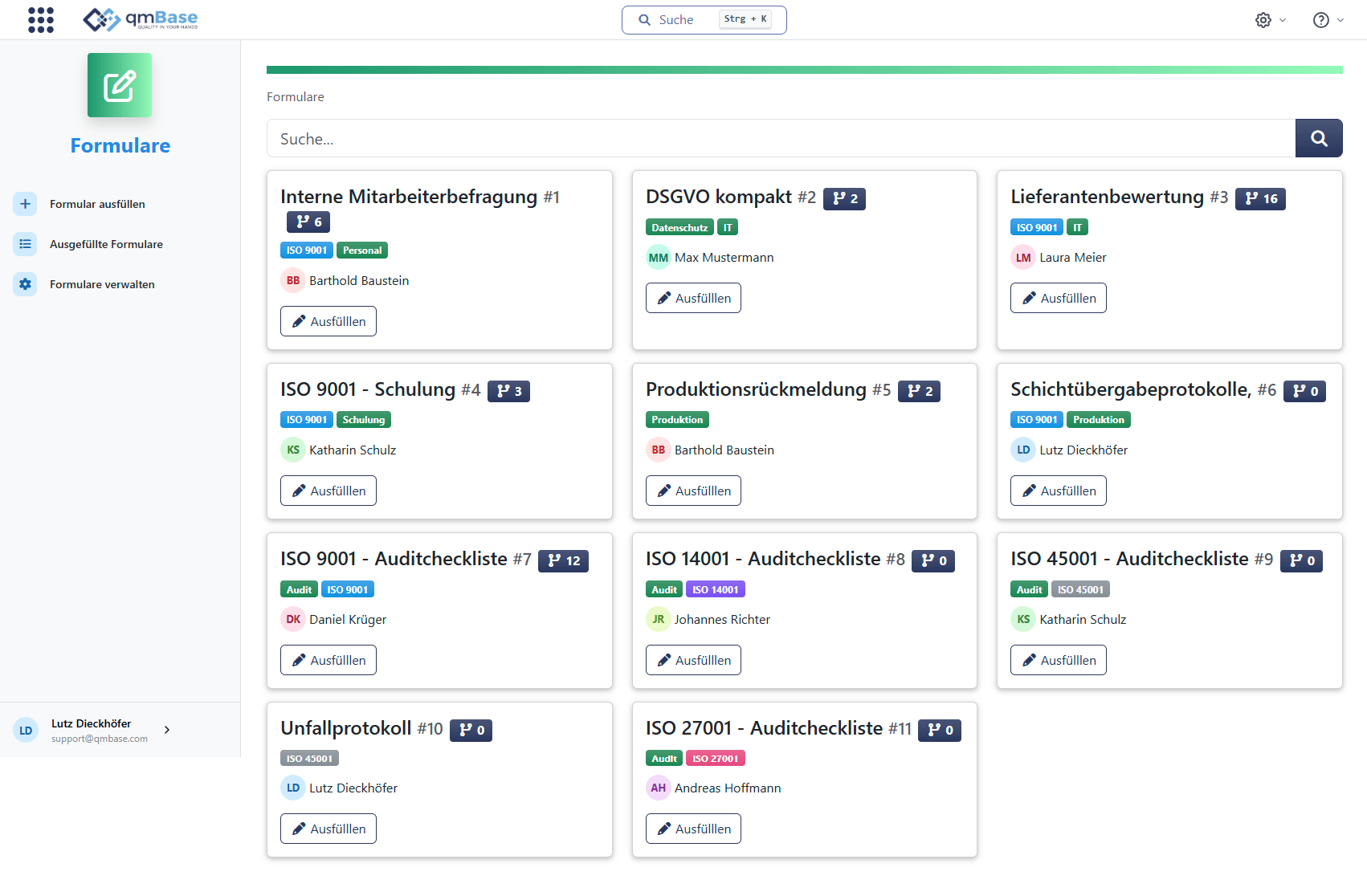 Formularübersicht in qmBase mit Formularvorlagen, Status und Einträgen