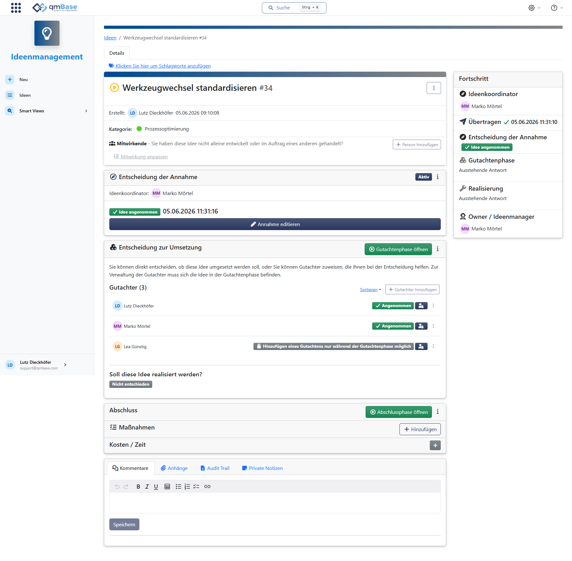 Ideenmanagement in qmBase mit Detailansicht, Rollen, Status und Bewertung