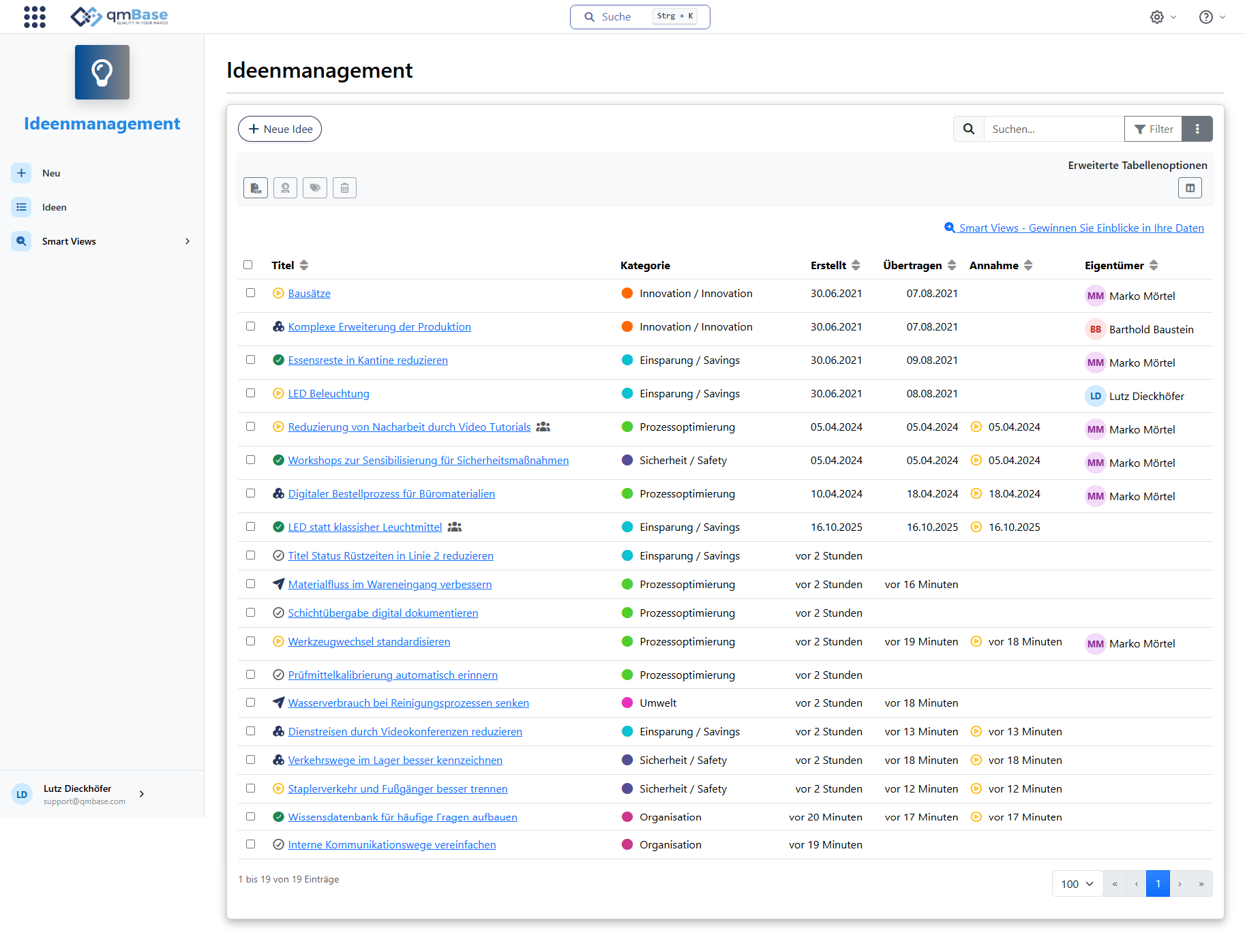 Ideenmanagement in qmBase mit Ideenliste, Status, Verantwortlichen und Schlagworten