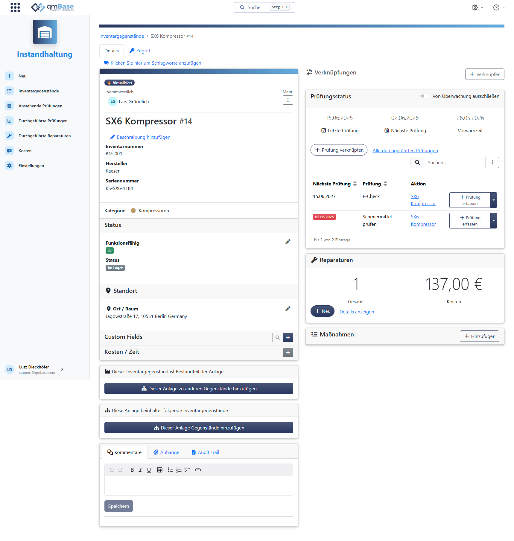 Detailansicht eines Kompressors in qmBase mit Prüfstatus, nächster Prüfung, Reparaturen, Maßnahmen, Anhängen und Audit Trail