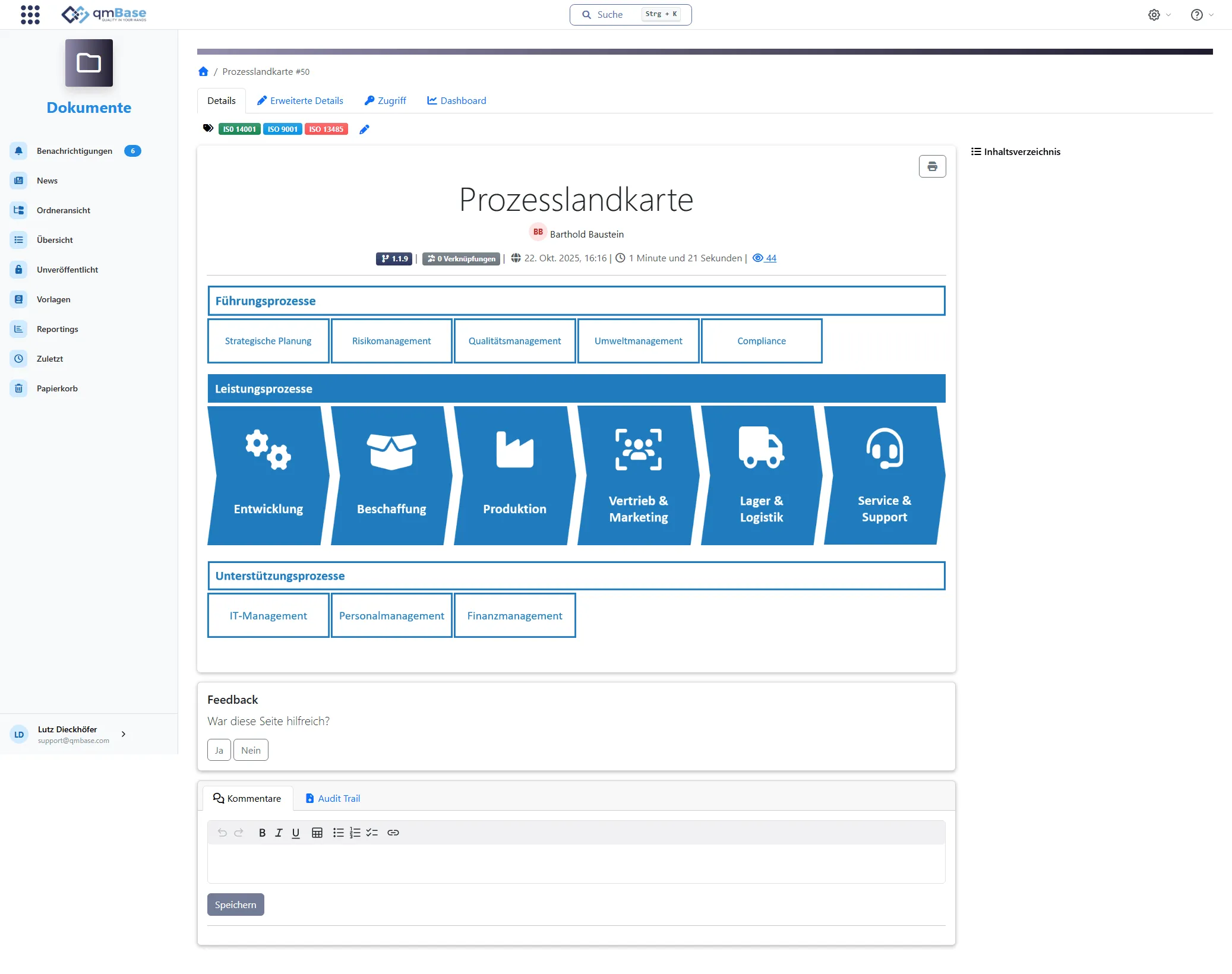Prozesslandkarte im qmBase Dokumentenmanagement mit Führungsprozessen, Leistungsprozessen und Unterstützungsprozessen
