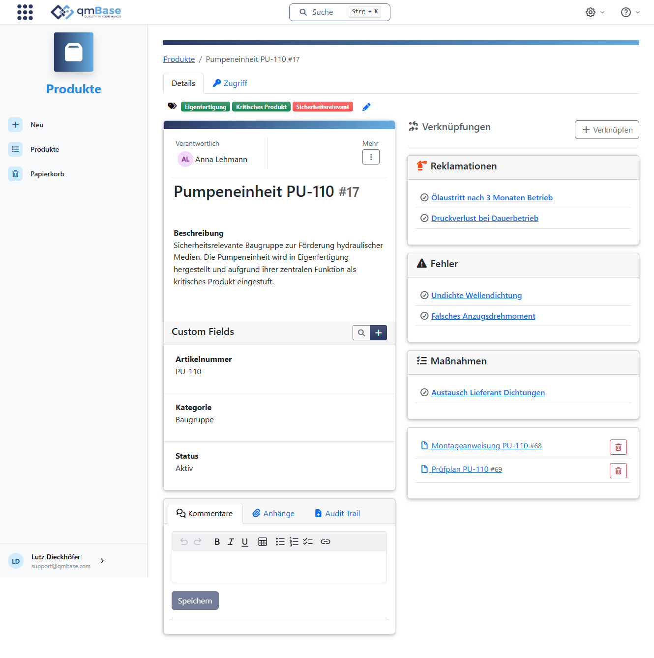 Produktdetailansicht in qmBase mit Produktinformationen, Verknüpfungen und Kontextdaten