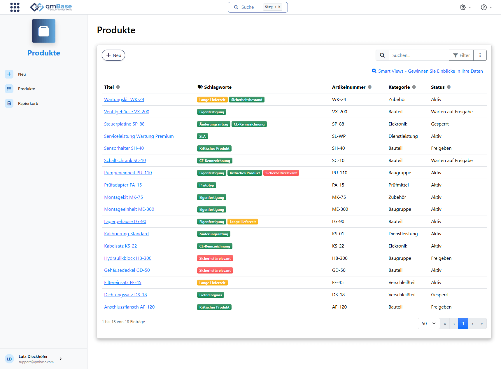 Produktübersicht in qmBase mit Produktliste, Status, Produktinformationen und Filtermöglichkeiten