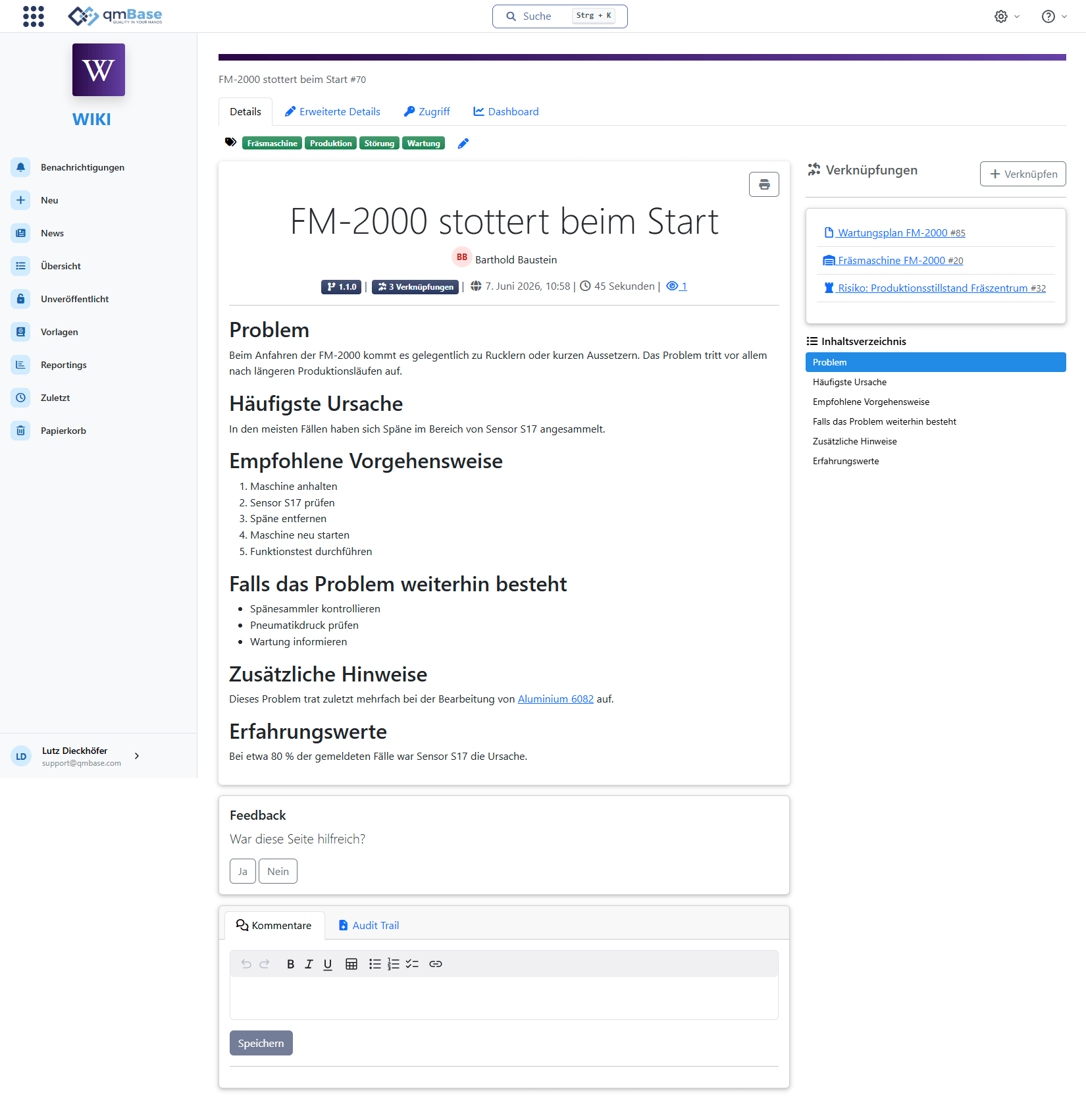 Wiki-Artikel in qmBase mit Problemlösung zur Fräsmaschine FM-2000, Verknüpfungen, Inhaltsverzeichnis und Kommentaren