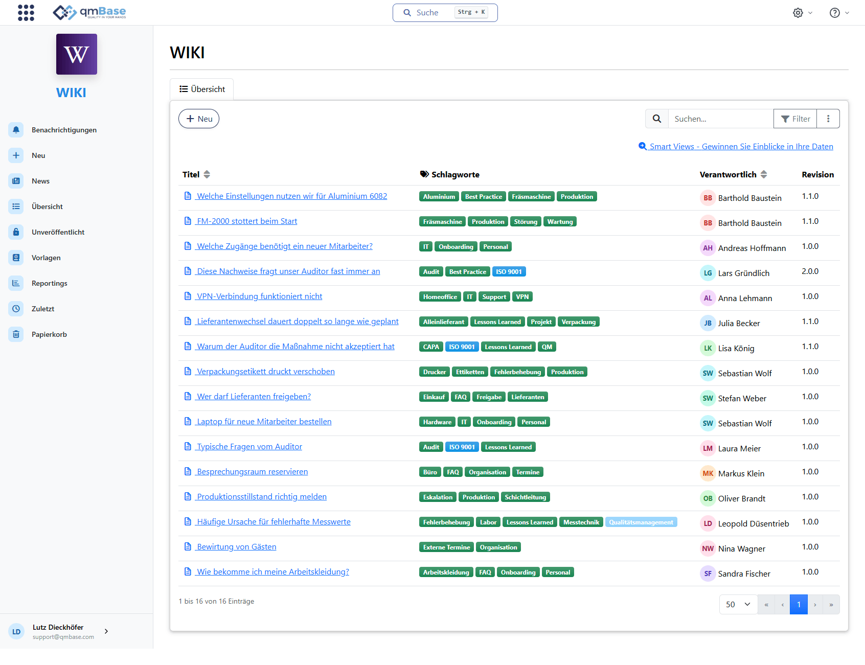 Wiki-Übersicht in qmBase mit Suchfeld, Artikelliste, Schlagworten, Verantwortlichen und Revisionen