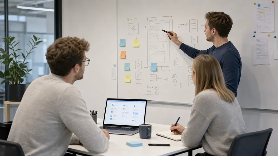 Collaborative whiteboard session on a product idea at qmBase