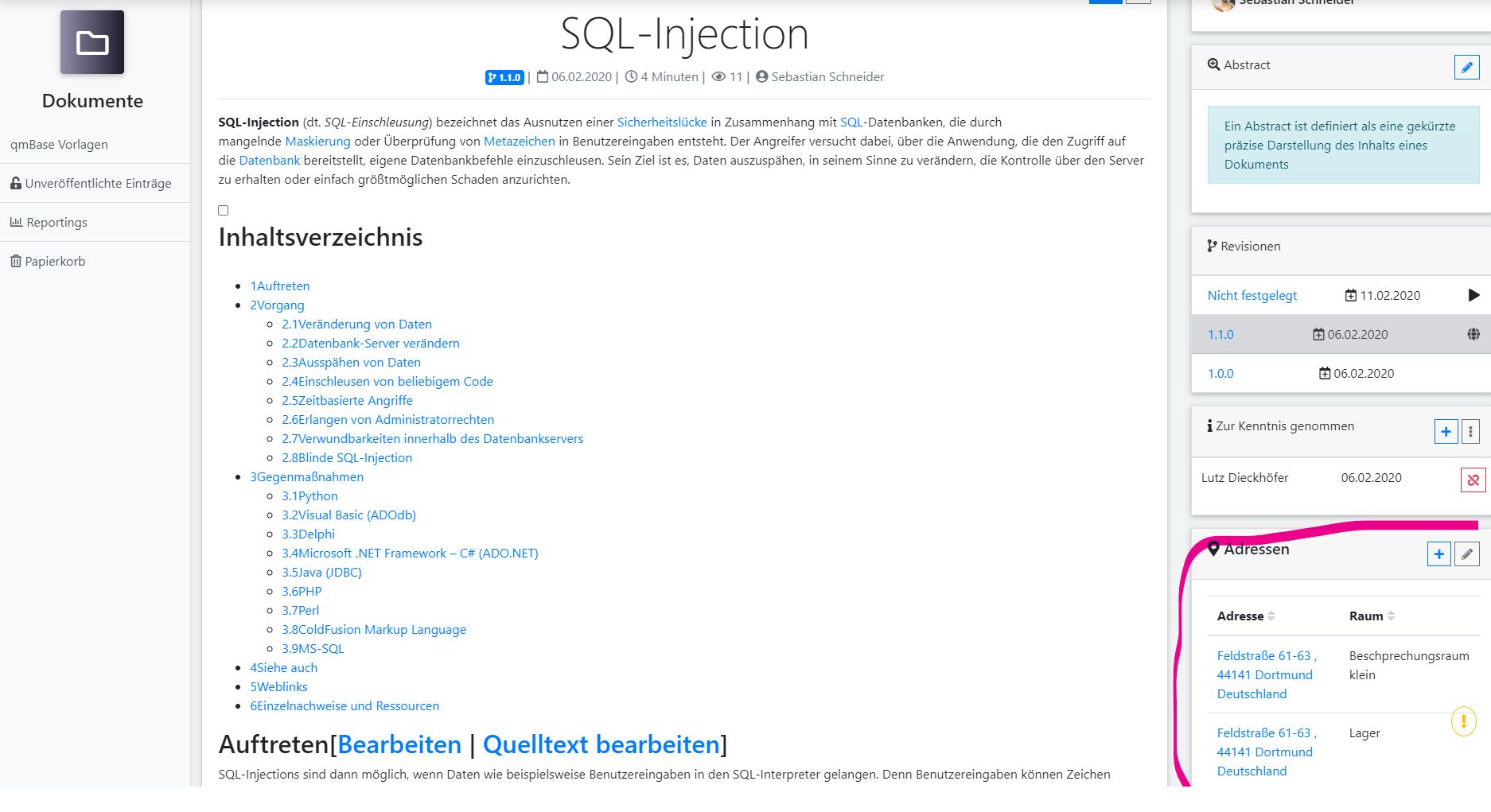 qmBase Software App Dokumentenmanagement Adresse und Orte verknüpfen