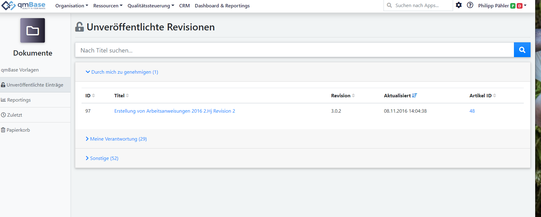 Überarbeitete Version der Auflistung von unveröffentlichten Revisionen im Dokumentenmanagement