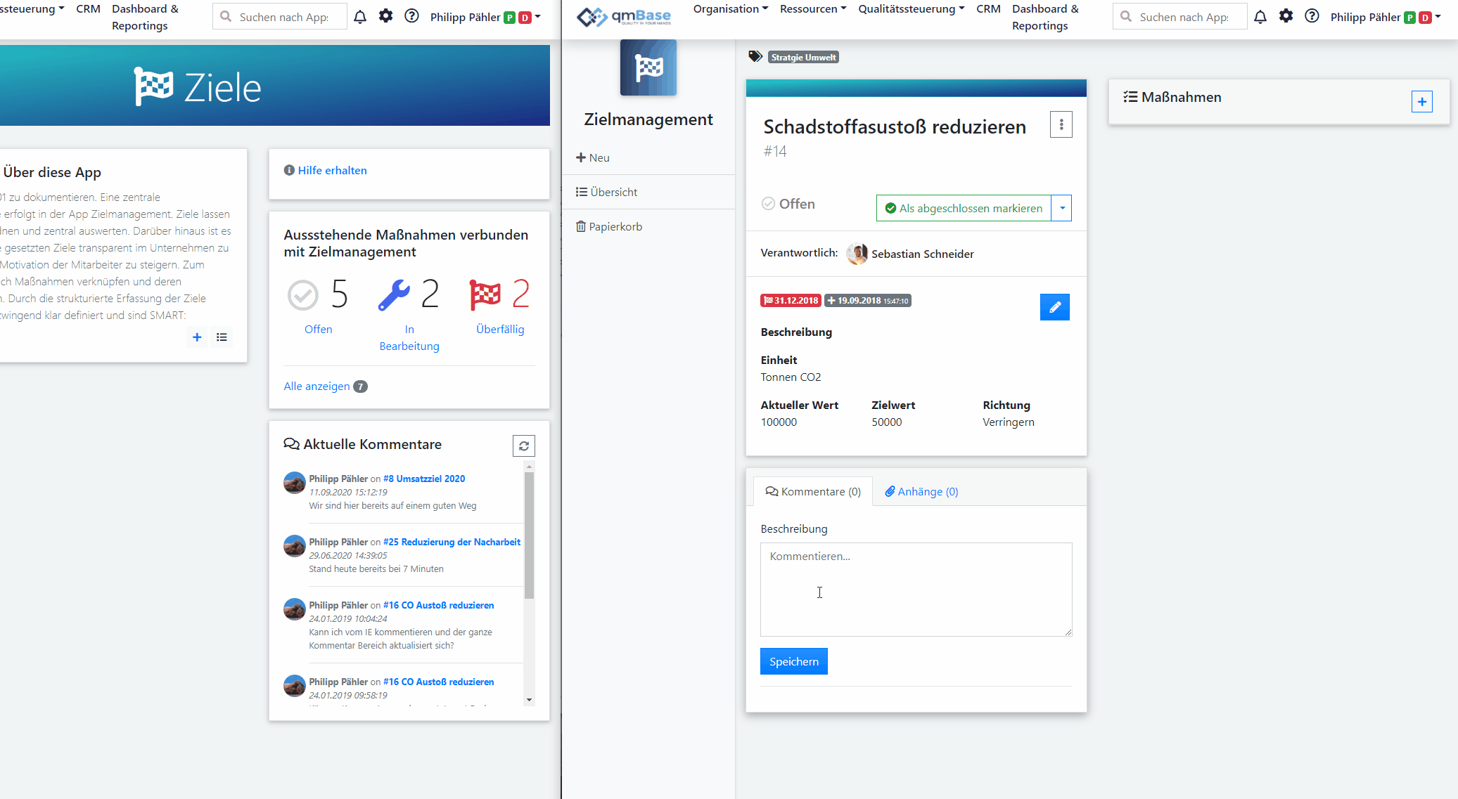 Kommentarfeld in der qmBase Software nach dem Update 