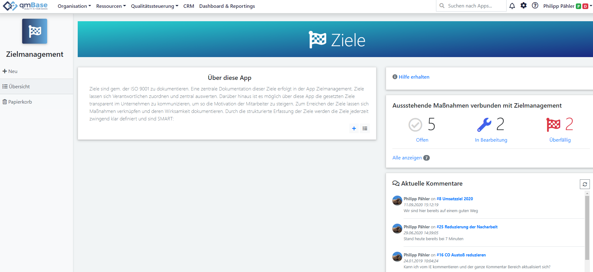 Darstellung der Maßnahmen in der Startseite der App Zielmanagement. qmBase