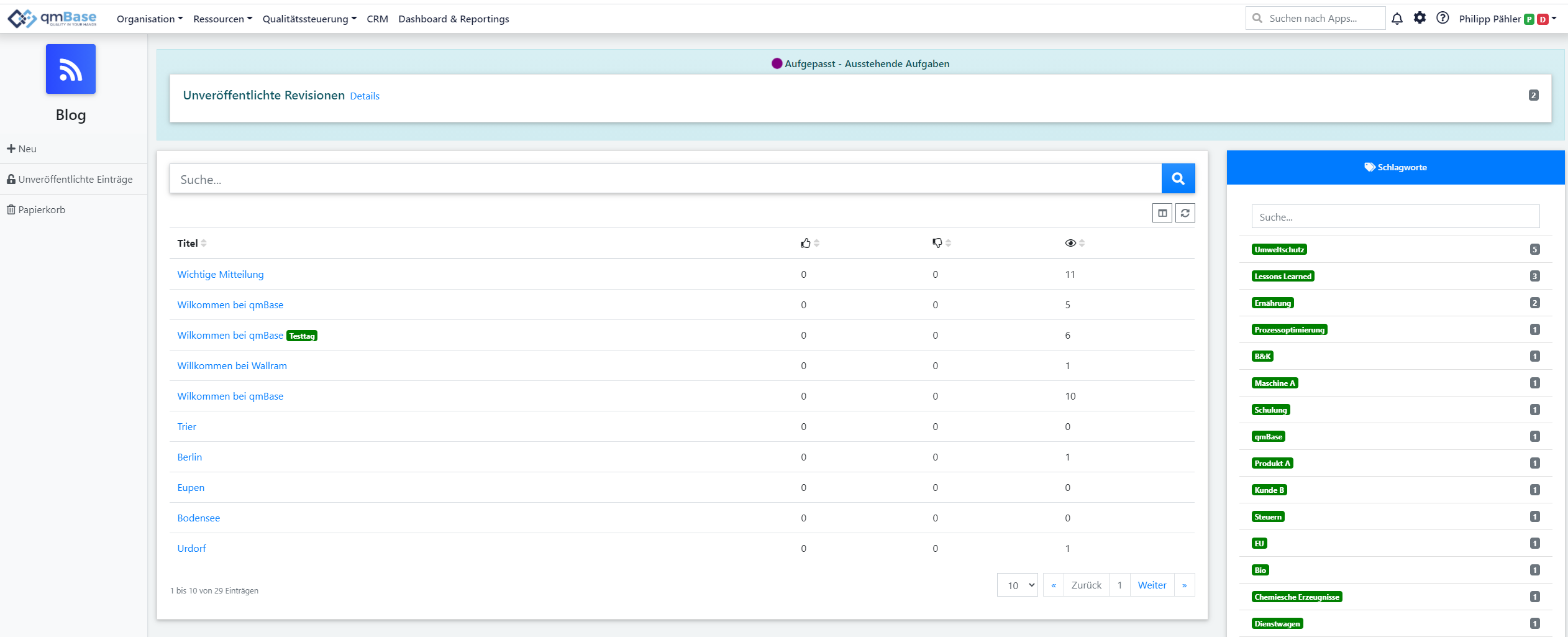Darstellung der App Blog in der qmBase Software