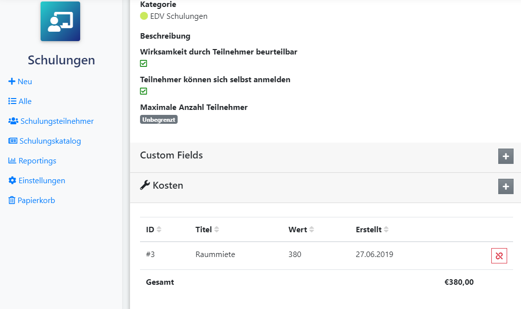 Kostenerfassung im Schulungsmanagement qmBase Qualitätsmanagementsoftware
