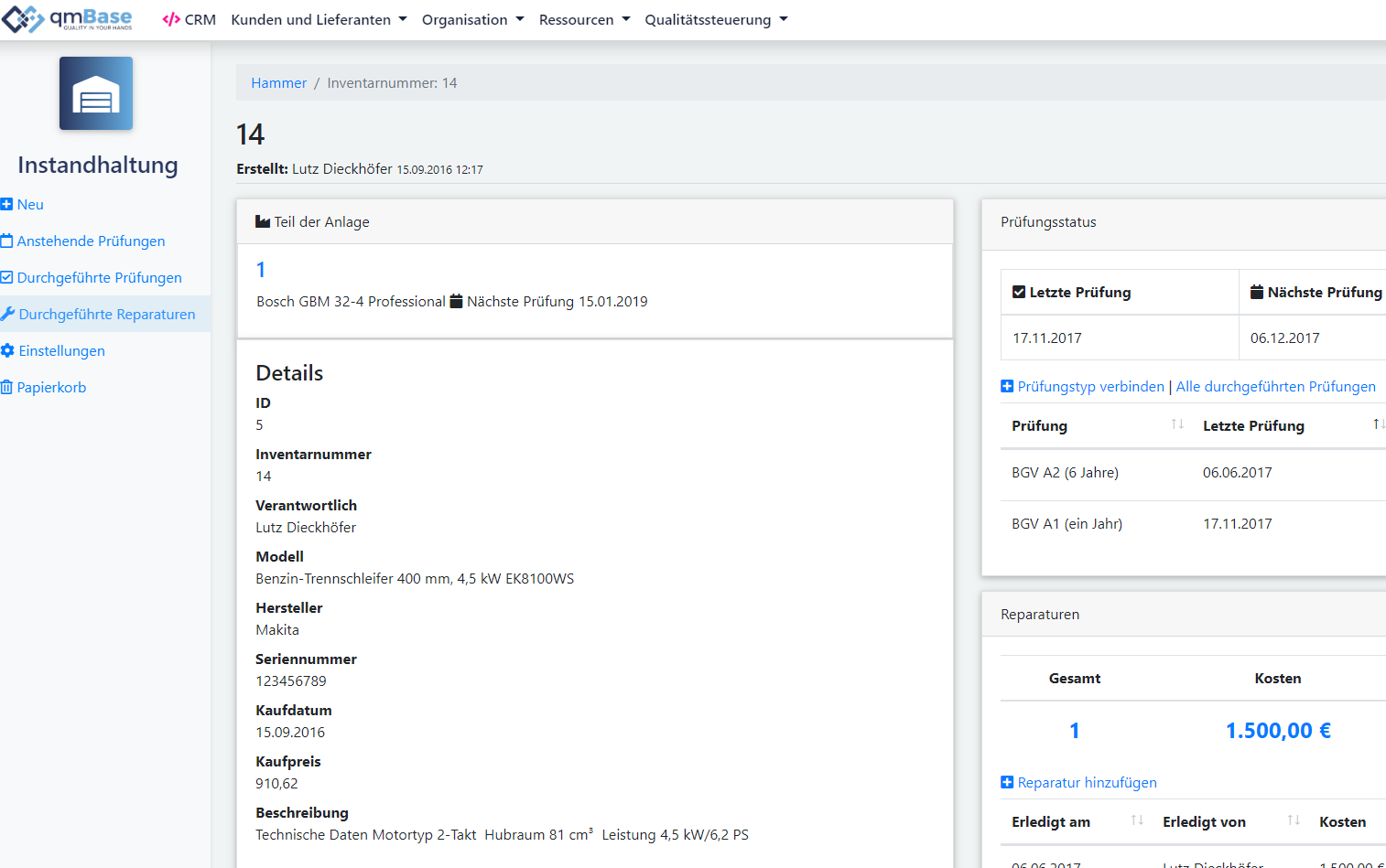 Instandhaltung Qualitätsmanagement qmBase