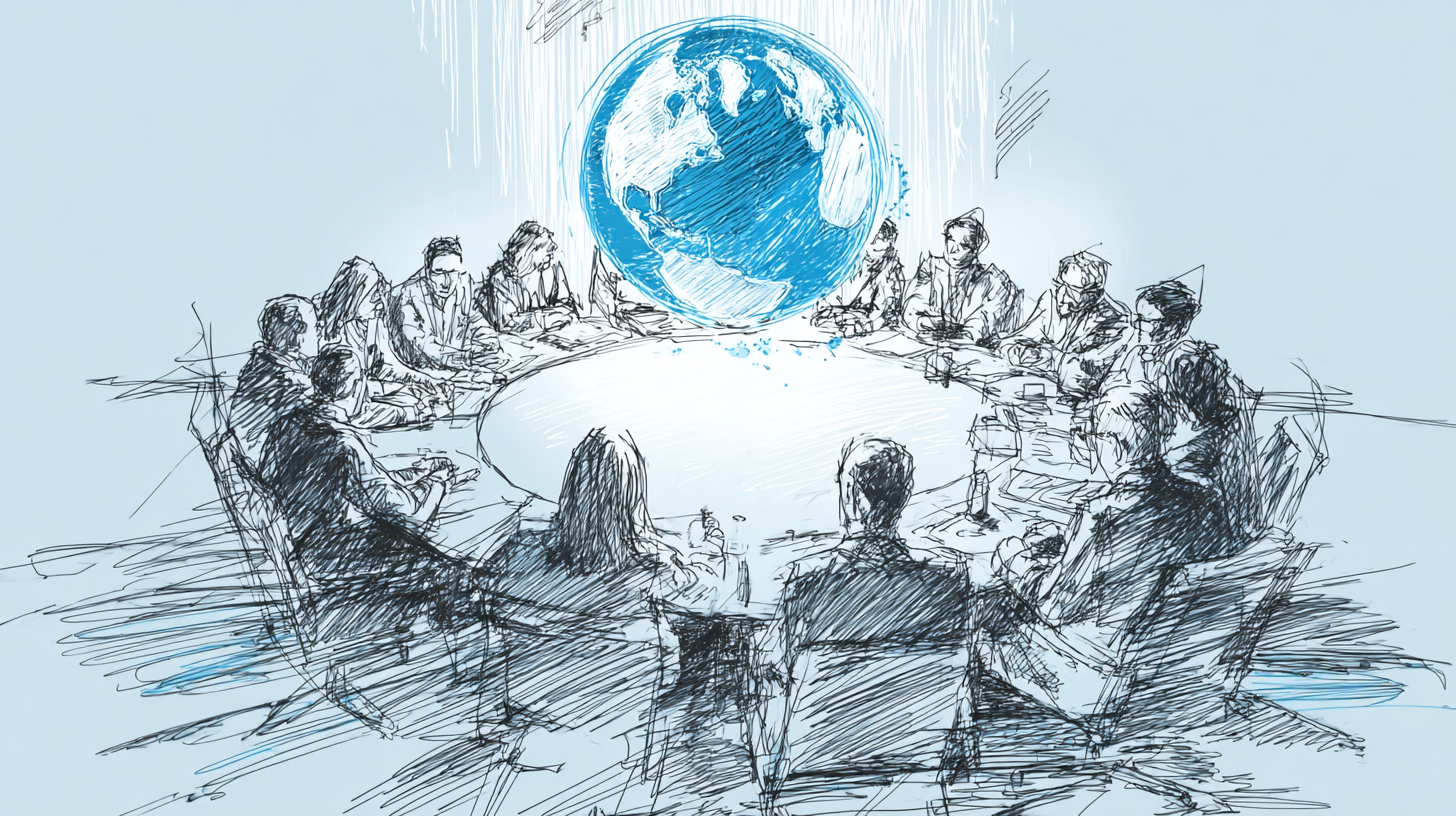 Konferenztisch mit internationaler Besprechung und Globus in der Mitte – Symbol für globale Aspekte der ISO 9001:2026