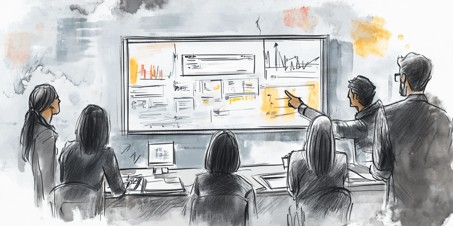 Auf dem Bild sind fünf Büroangestellte einer Firma, die ihr Qualitätsmanagement verbessern wollen. Daher sitzen sie gemeinsam an einem Tisch und haben Computer und Bücher auf dem Tisch liegen. Im Hintergrund sieht man ein Whiteboard mit Diagrammen.